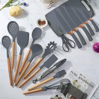 19-Piece Cooking Utensils and Knife Block with Mini chopping board