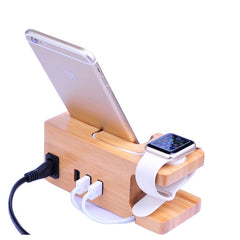 2 in 1 Bamboo Wood Charging Station Stand 3 USB for iPhone & Android