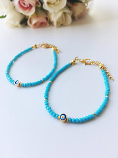 Evil Eye Turquoise Bead Bracelet, Seed Beads Bracelet