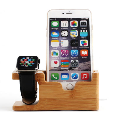 2 in 1 Bamboo Wood Charging Station Stand 3 USB for iPhone & Android